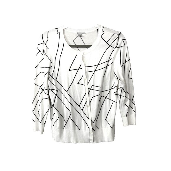 Halogen Sweaters - Halogen White Lightweight Button‑Down Shirt Cardigan L Black Geo Print Minimal